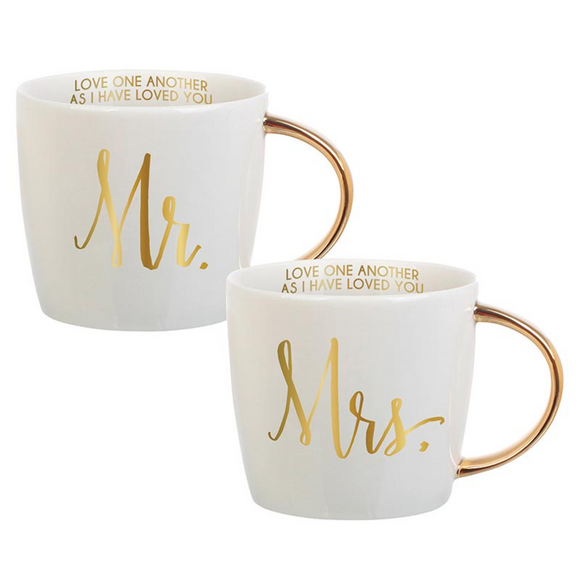 Ceramic Mug Set - Mr & Mrs, Gold Handle (J0841)